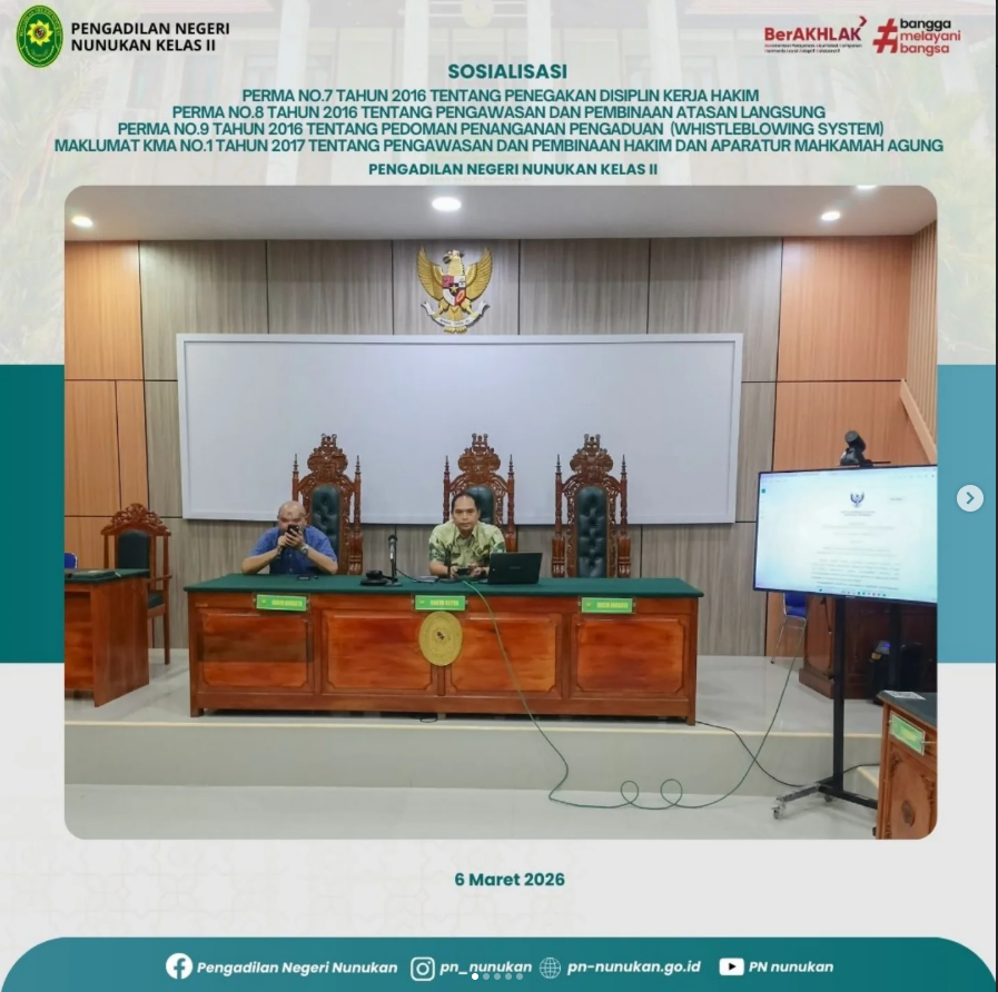 Sosialisasi PERMA Nomor 7 Tahun 2016 tentang Penegakan Disiplin Kerja Hakim, PERMA Nomor 8 Tahun 2016 tentang Pengawasan dan Pembinaan Atasan Langsung di Lingkungan Mahkamah Agung dan Badan Peradilan di Bawahnya, serta PERMA Nomor 9 Tahun 2016 tentang Pedoman Penanganan Pengaduan (Whistleblowing System) dan Maklumat Ketua Mahkamah Agung Nomor 1 Tahun 2017 tentang Pengawasan dan Pembinaan Hakim dan Aparatur Mahkamah Agung